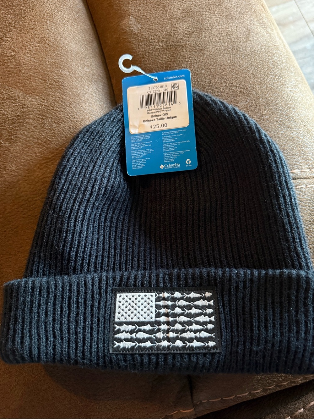 Columbia Black Rib Knit Beanie with Flag Patch